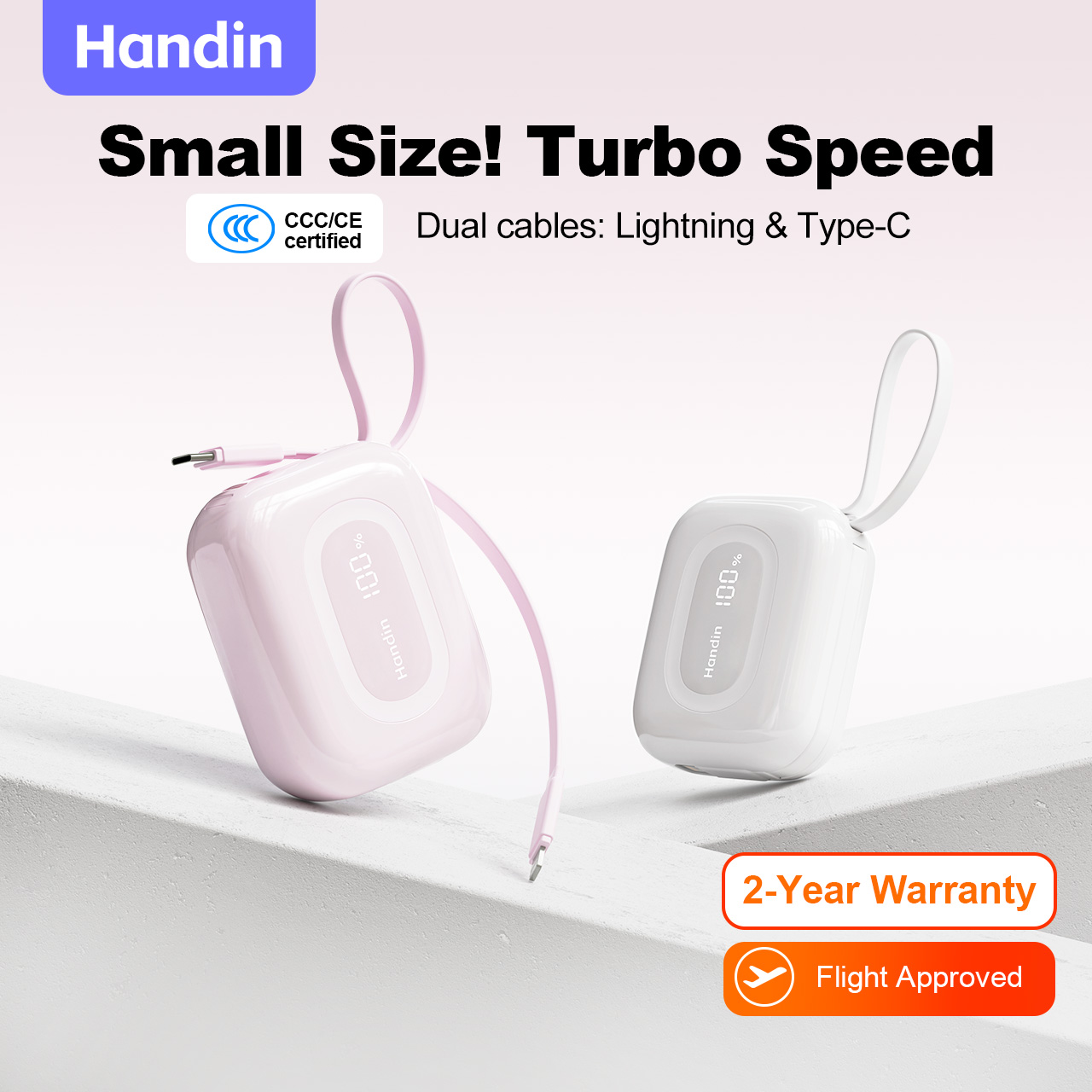 CCC Handin Mini Power Bank | All-in-One Portable Charger 10,000mAh | Built-in Dual Cables | Bidirectional Fast Charging