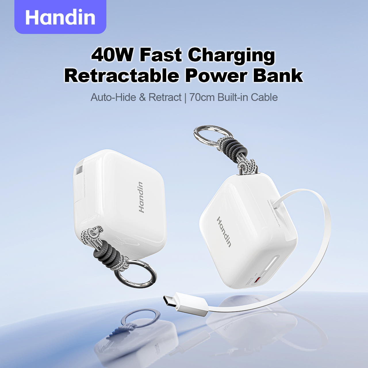 CCC Handin 10000mAh Power Bank | 40W Fast Charging | Retractable Cable | Airline Safe (Carry-On Compatible) | Includes Lanyard & Hook | Compact & Portable | Charges Smartphones Quickly